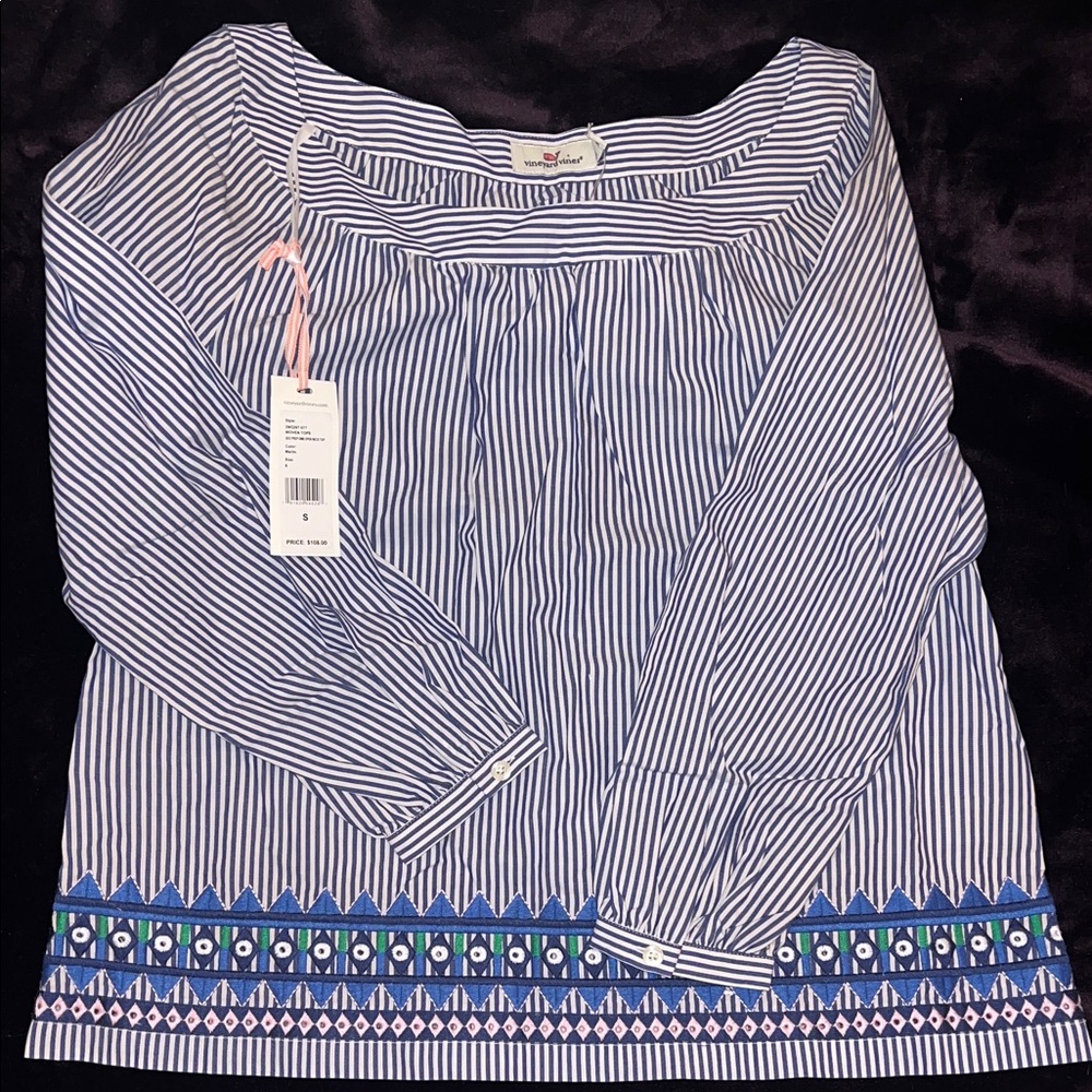 Vineyard Vines‎ Blue and White Striped Blouse with Embroidered Hem 100% Cotton